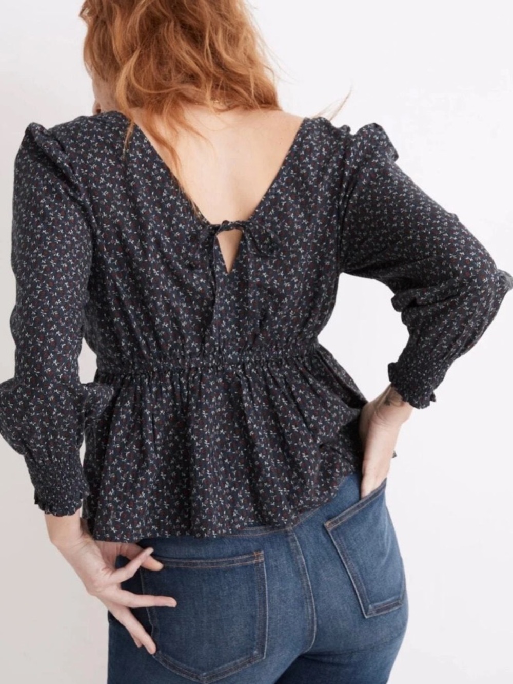 Sz Small Madewell Black Floral Peplum Tie-Back Blouse Navy